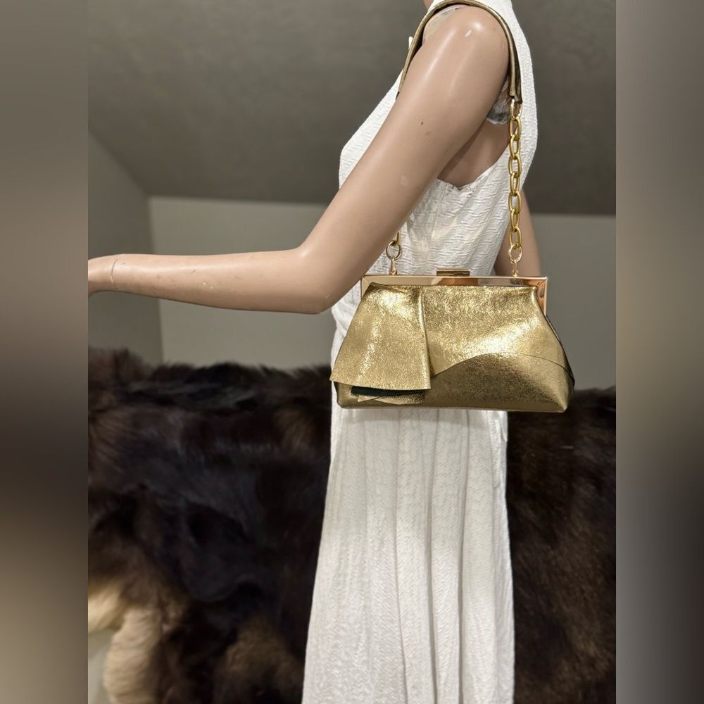 Unique Asymmetrical Ruffles Handmade Genuine Leather, Push Lock Clutch Bag
